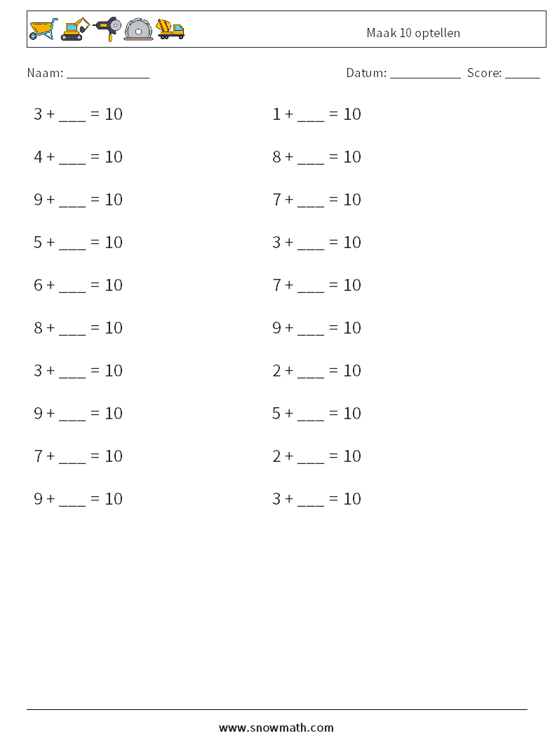 (20) Maak 10 optellen Wiskundige werkbladen 6