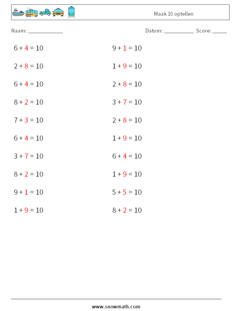 (20) Maak 10 optellen Wiskundige werkbladen 7 Vraag, Antwoord