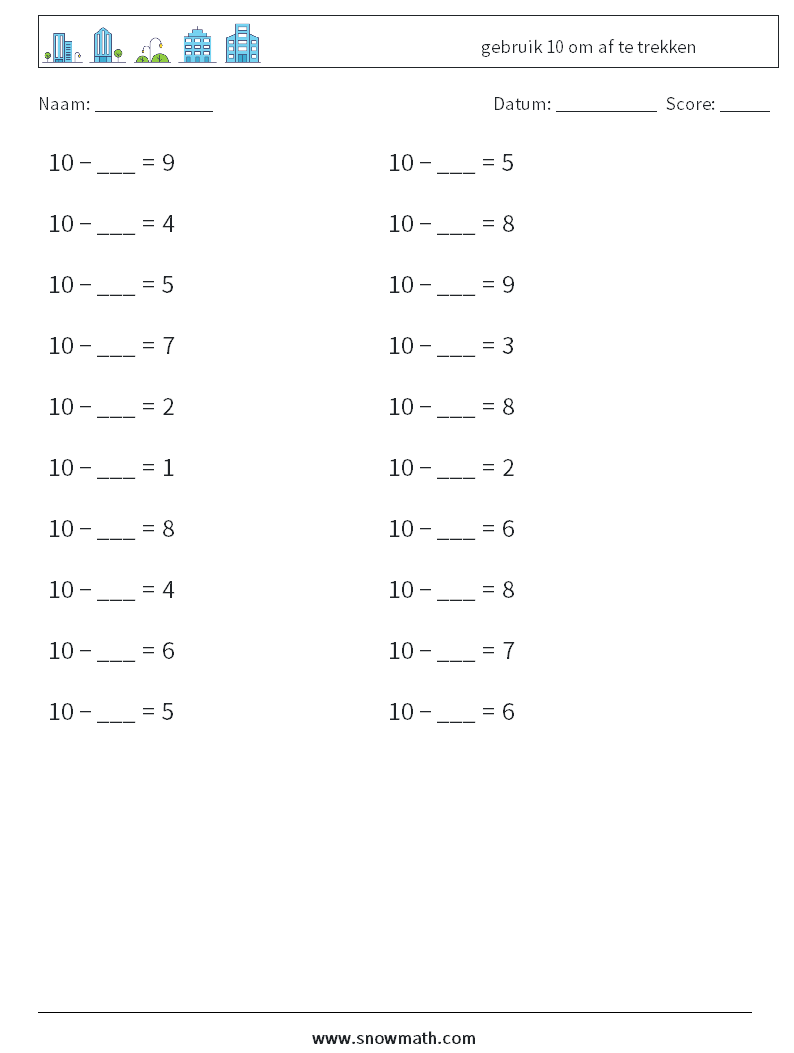 (20) gebruik 10 om af te trekken Wiskundige werkbladen 1