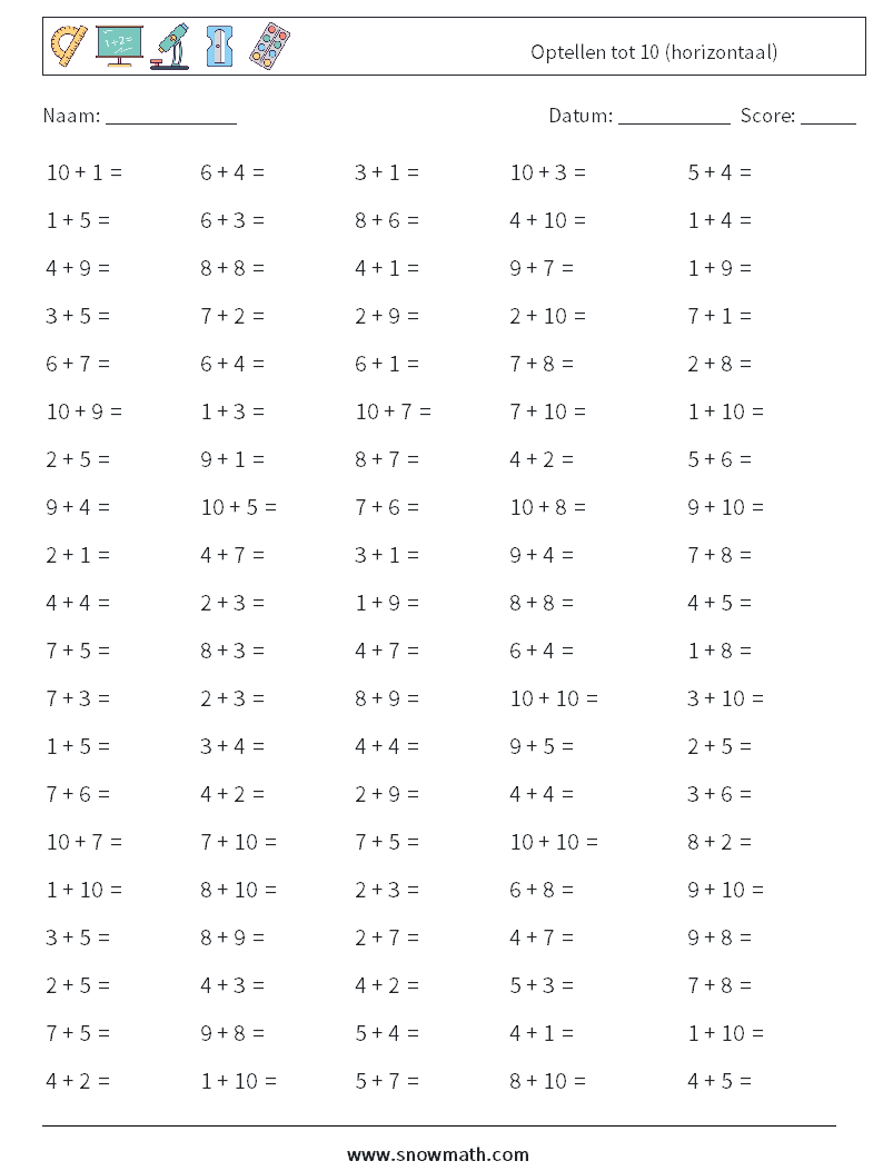 (100) Optellen tot 10 (horizontaal)