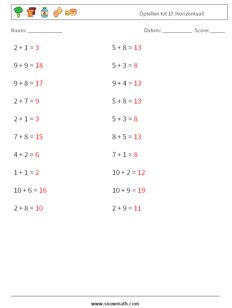 (20) Optellen tot 10 (horizontaal) Wiskundige werkbladen 4 Vraag, Antwoord