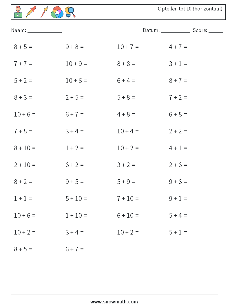 (50) Optellen tot 10 (horizontaal)