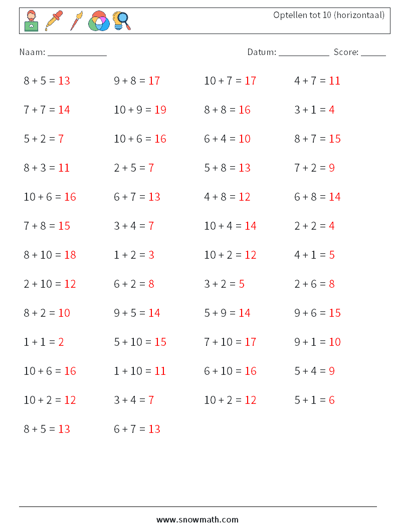 (50) Optellen tot 10 (horizontaal) Wiskundige werkbladen 1 Vraag, Antwoord