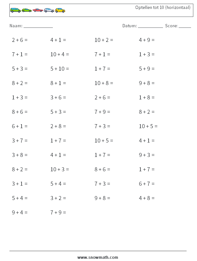 (50) Optellen tot 10 (horizontaal) Wiskundige werkbladen 2