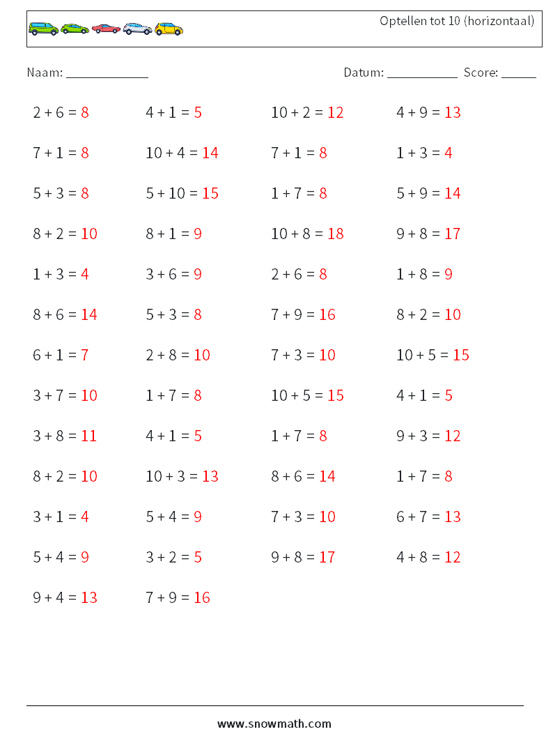 (50) Optellen tot 10 (horizontaal) Wiskundige werkbladen 2 Vraag, Antwoord