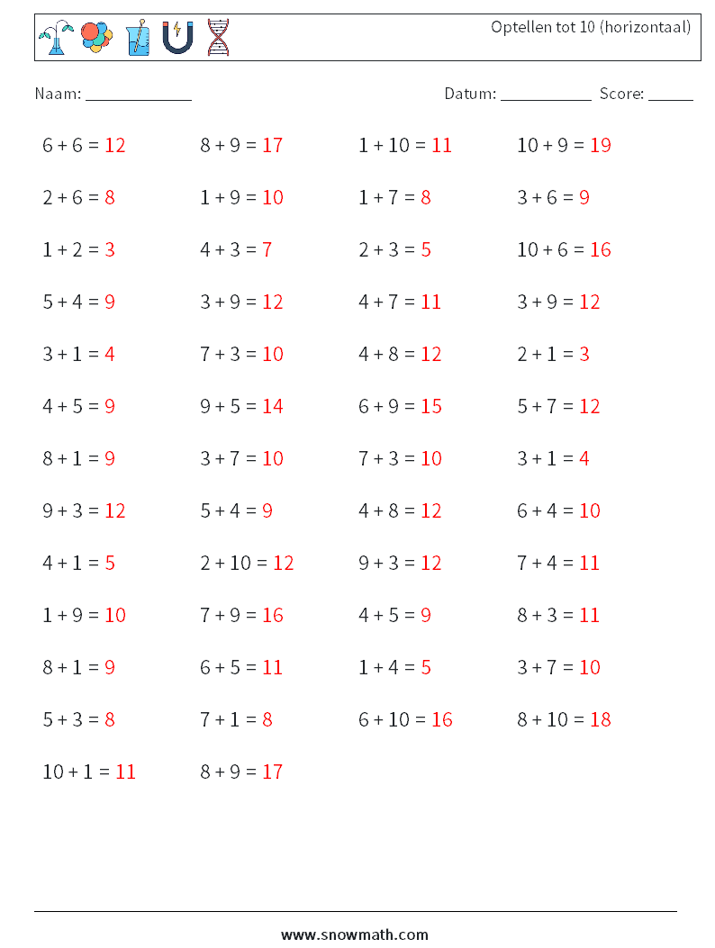 (50) Optellen tot 10 (horizontaal) Wiskundige werkbladen 3 Vraag, Antwoord