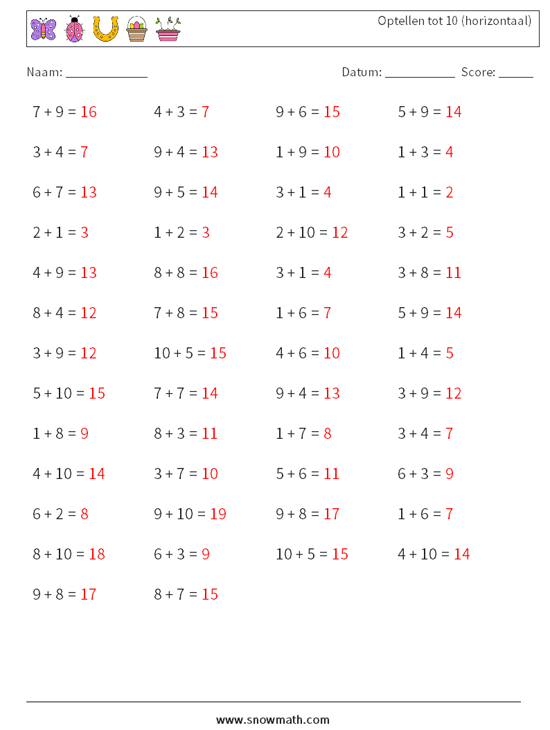 (50) Optellen tot 10 (horizontaal) Wiskundige werkbladen 4 Vraag, Antwoord