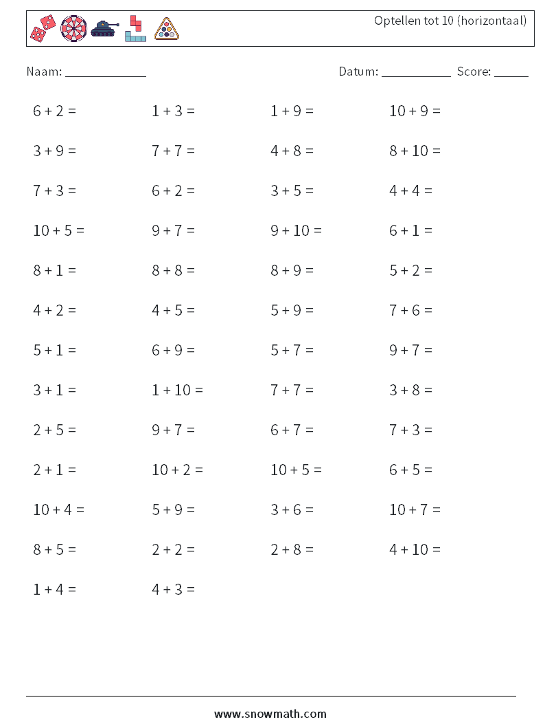 (50) Optellen tot 10 (horizontaal) Wiskundige werkbladen 5