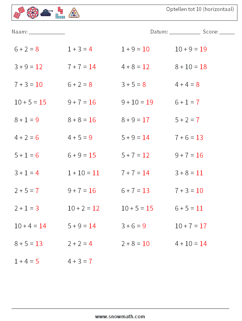 (50) Optellen tot 10 (horizontaal) Wiskundige werkbladen 5 Vraag, Antwoord