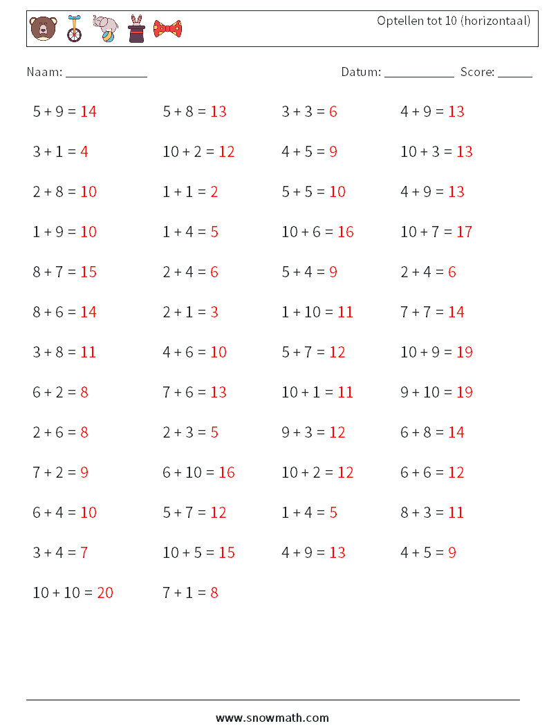 (50) Optellen tot 10 (horizontaal) Wiskundige werkbladen 6 Vraag, Antwoord