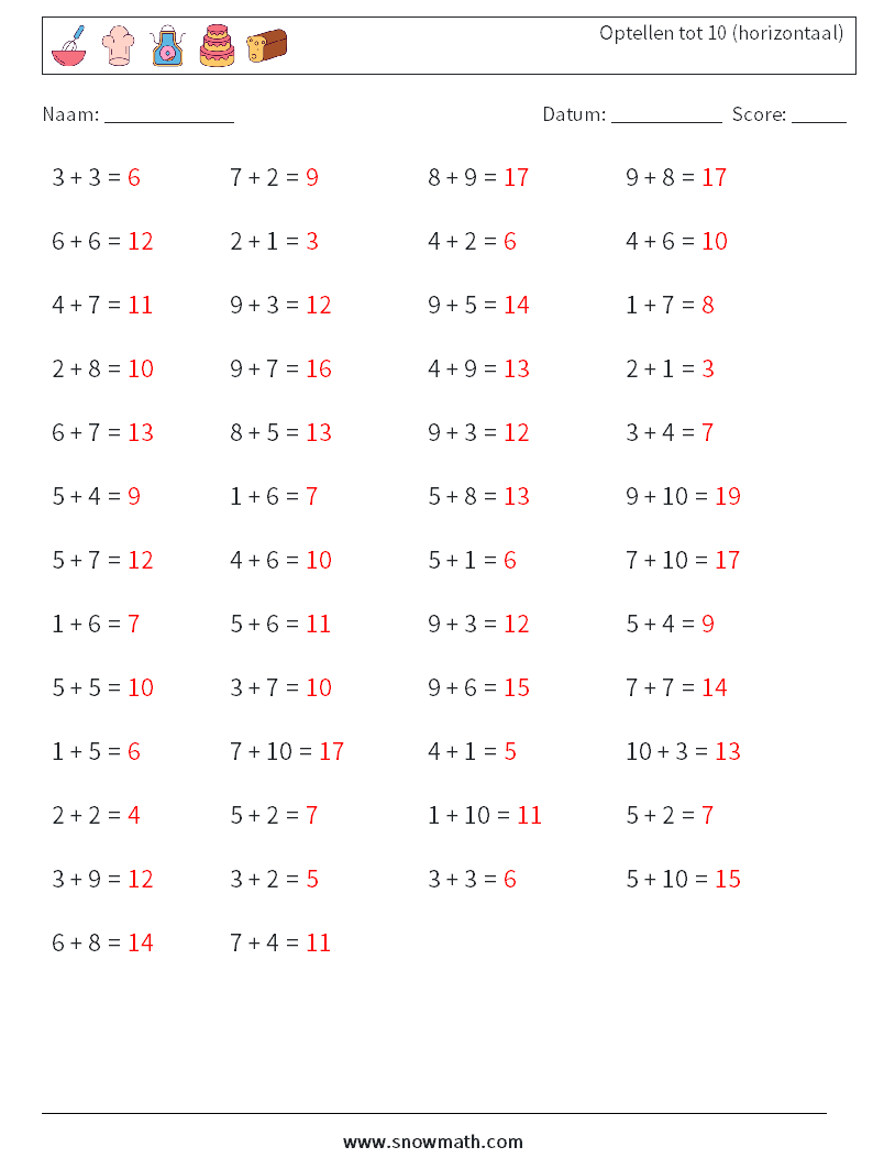 (50) Optellen tot 10 (horizontaal) Wiskundige werkbladen 7 Vraag, Antwoord