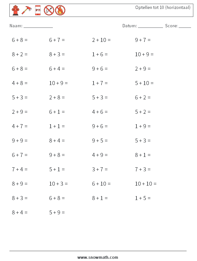 (50) Optellen tot 10 (horizontaal) Wiskundige werkbladen 8