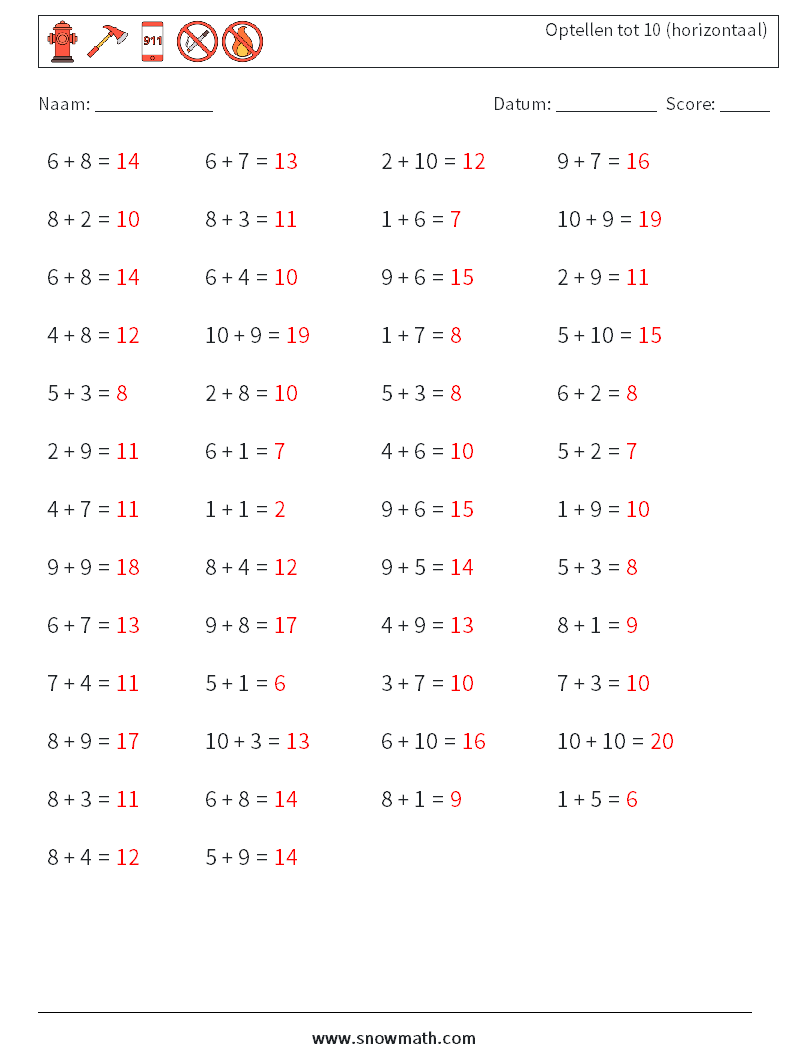 (50) Optellen tot 10 (horizontaal) Wiskundige werkbladen 8 Vraag, Antwoord