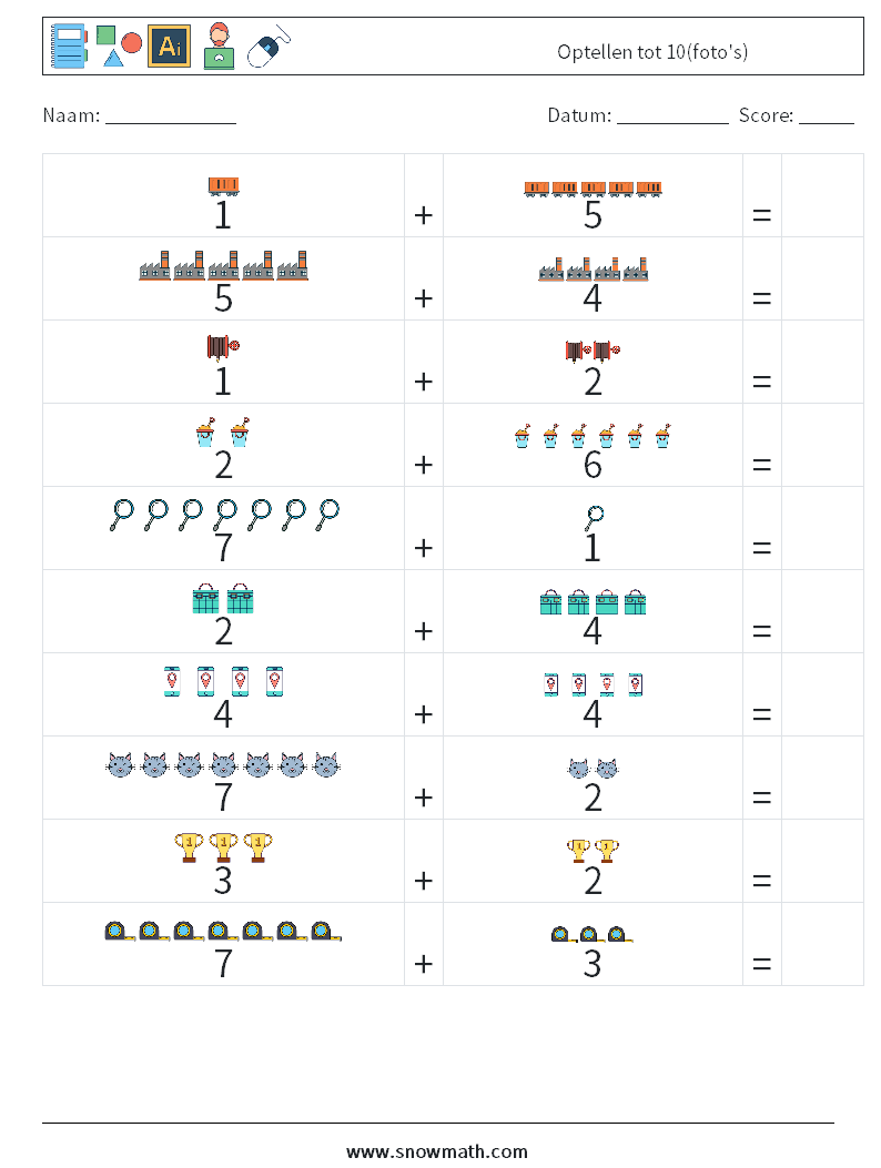 Optellen tot 10(foto's) Wiskundige werkbladen 1