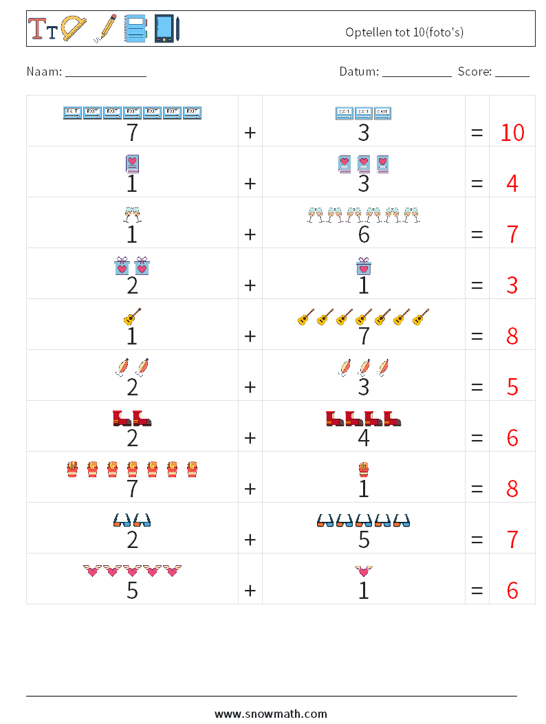Optellen tot 10(foto's) Wiskundige werkbladen 10 Vraag, Antwoord