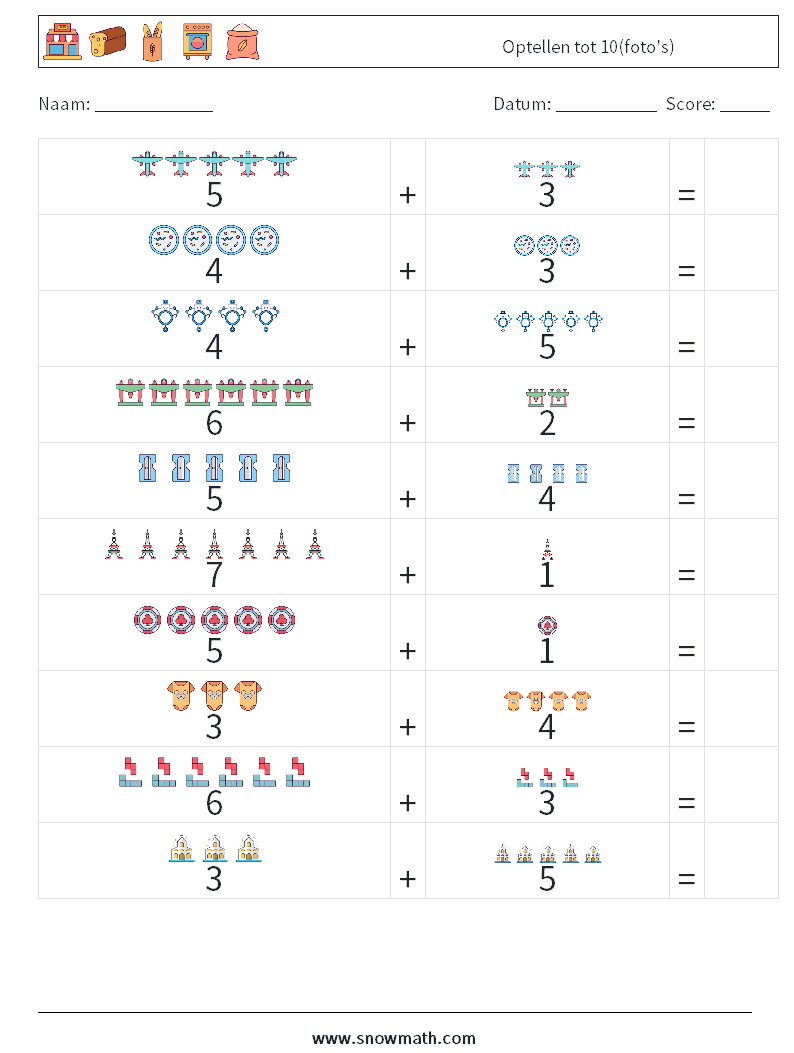 Optellen tot 10(foto's) Wiskundige werkbladen 11