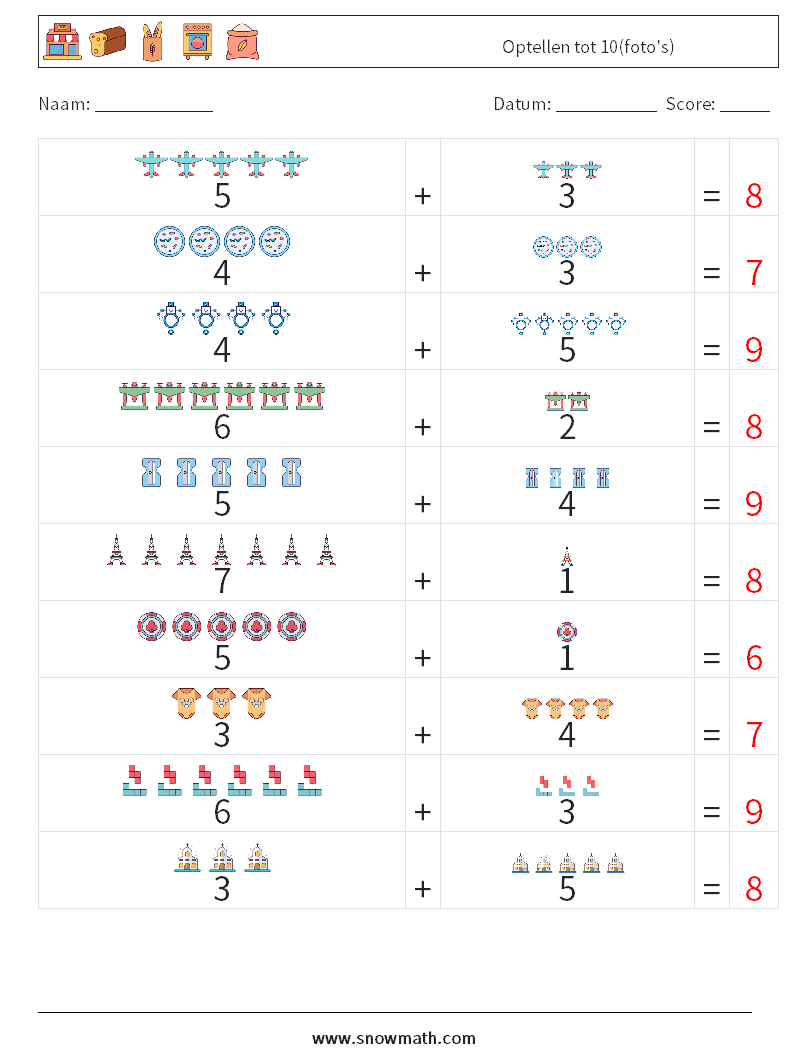 Optellen tot 10(foto's) Wiskundige werkbladen 11 Vraag, Antwoord