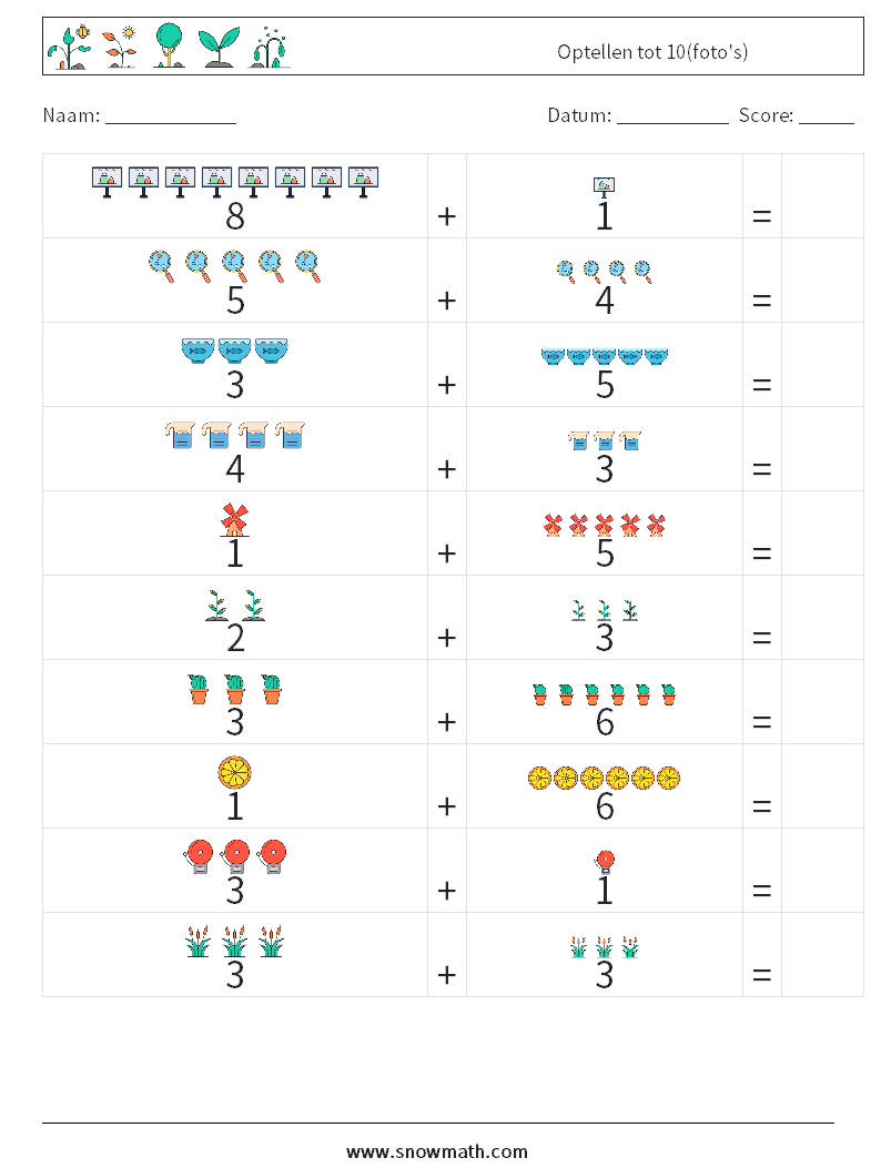 Optellen tot 10(foto's) Wiskundige werkbladen 12