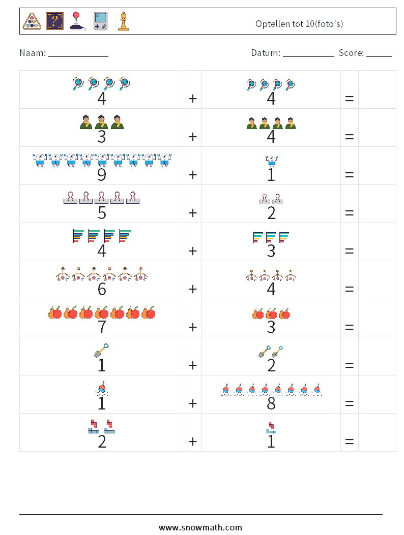 Optellen tot 10(foto's) Wiskundige werkbladen 13