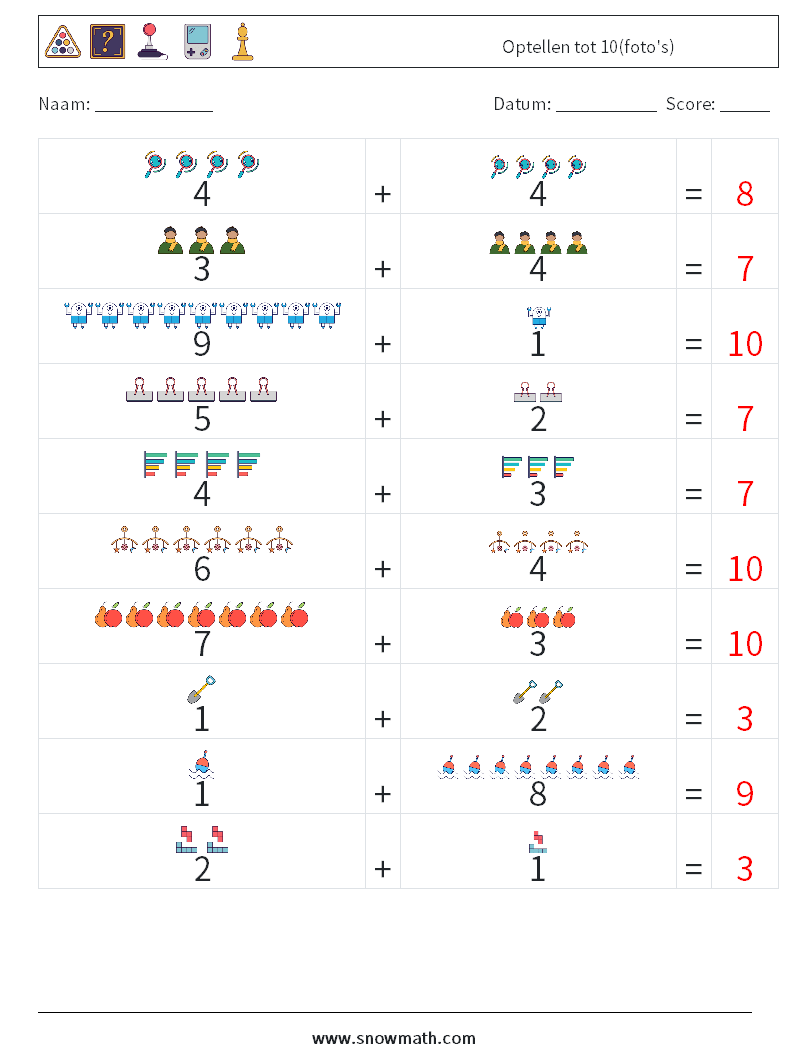 Optellen tot 10(foto's) Wiskundige werkbladen 13 Vraag, Antwoord