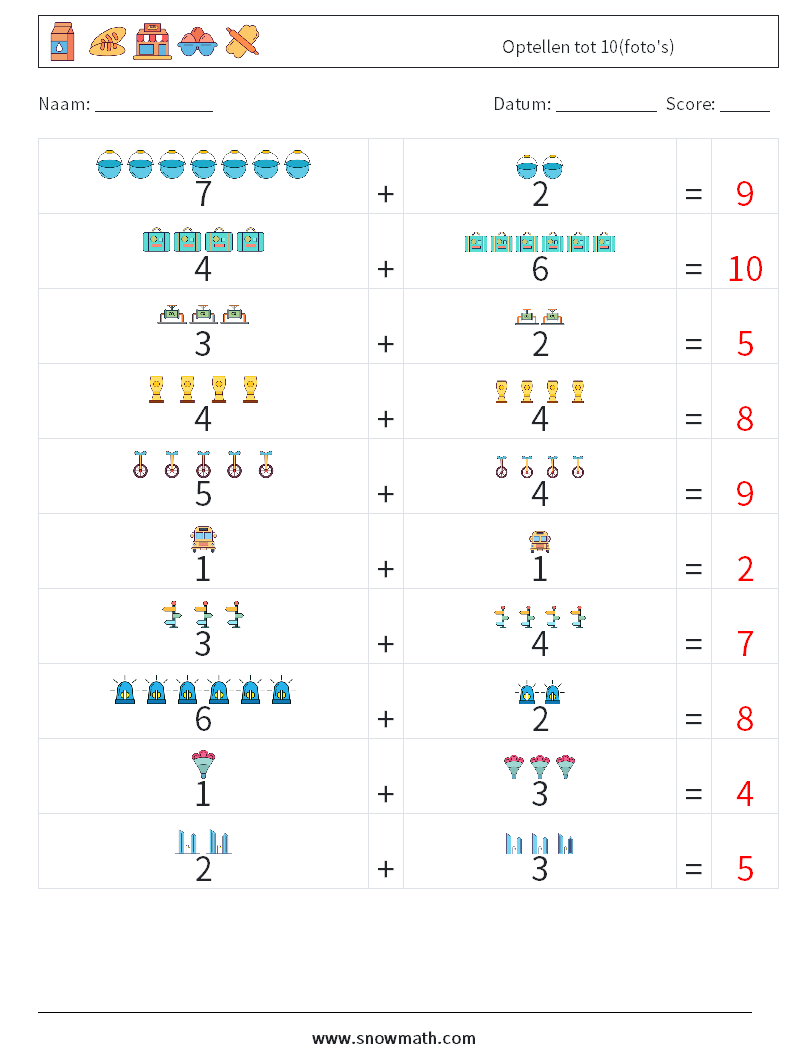 Optellen tot 10(foto's) Wiskundige werkbladen 14 Vraag, Antwoord