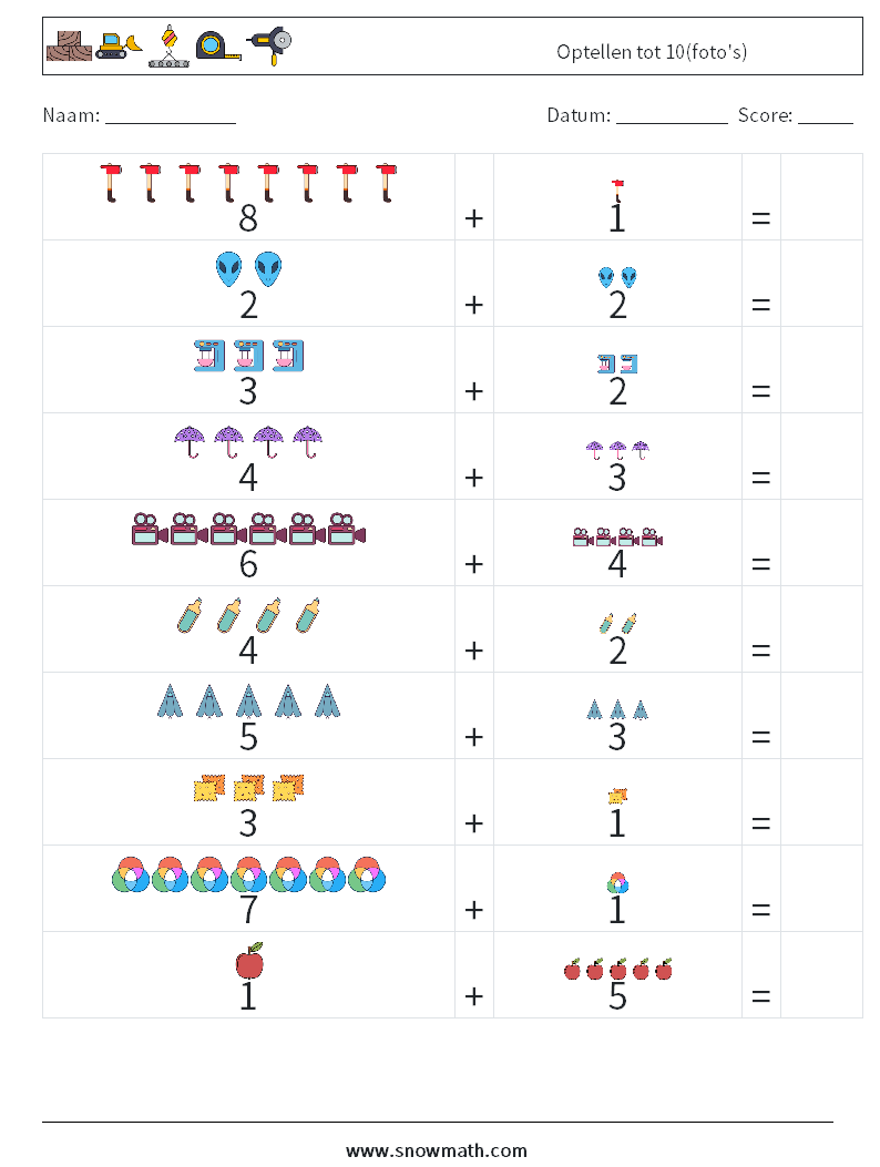 Optellen tot 10(foto's) Wiskundige werkbladen 15