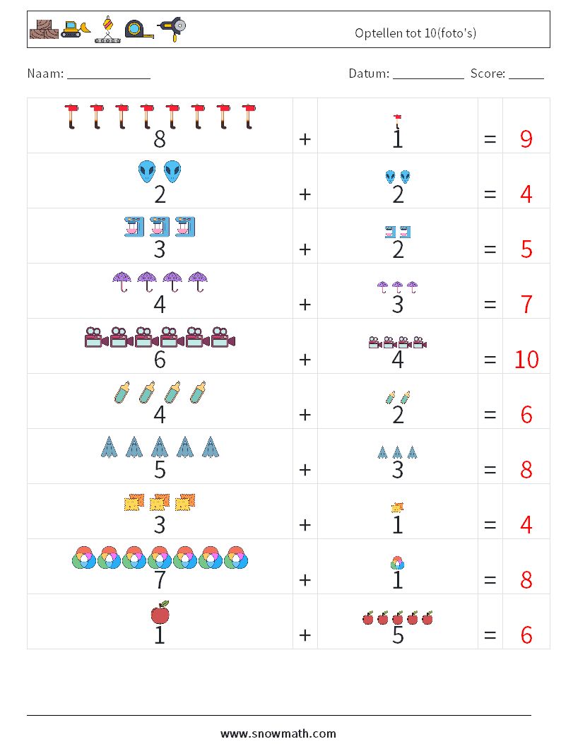 Optellen tot 10(foto's) Wiskundige werkbladen 15 Vraag, Antwoord
