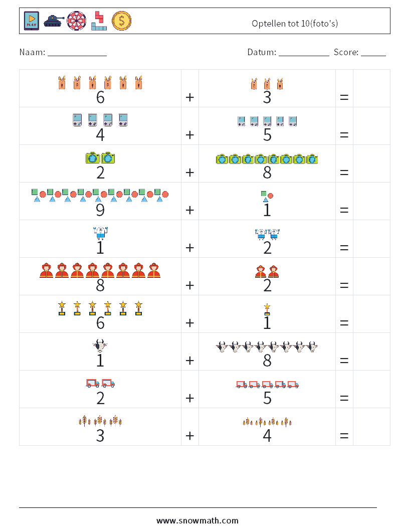 Optellen tot 10(foto's) Wiskundige werkbladen 16