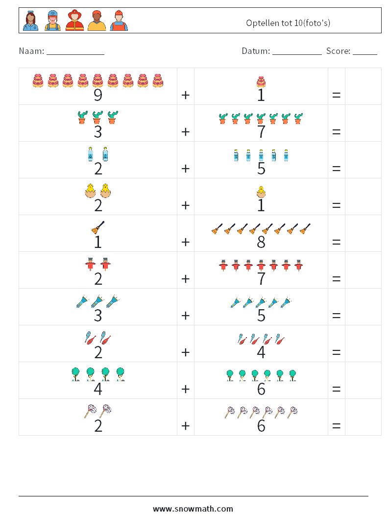 Optellen tot 10(foto's) Wiskundige werkbladen 17