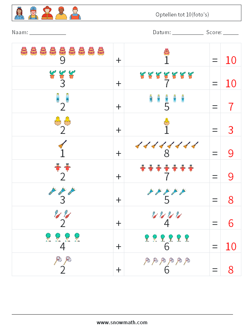 Optellen tot 10(foto's) Wiskundige werkbladen 17 Vraag, Antwoord