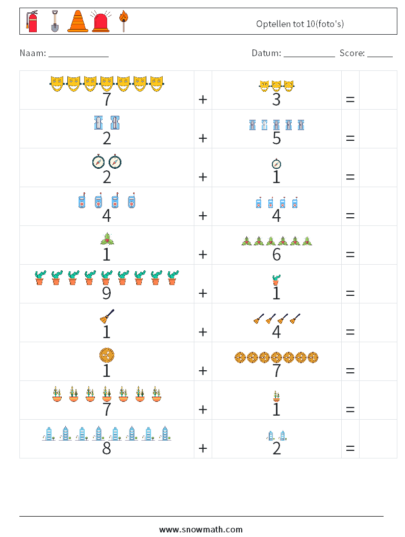 Optellen tot 10(foto's) Wiskundige werkbladen 18