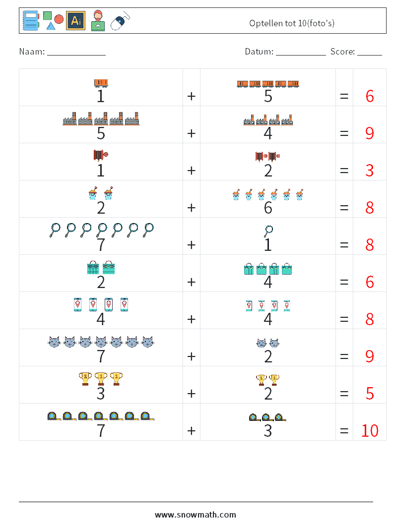 Optellen tot 10(foto's) Wiskundige werkbladen 1 Vraag, Antwoord
