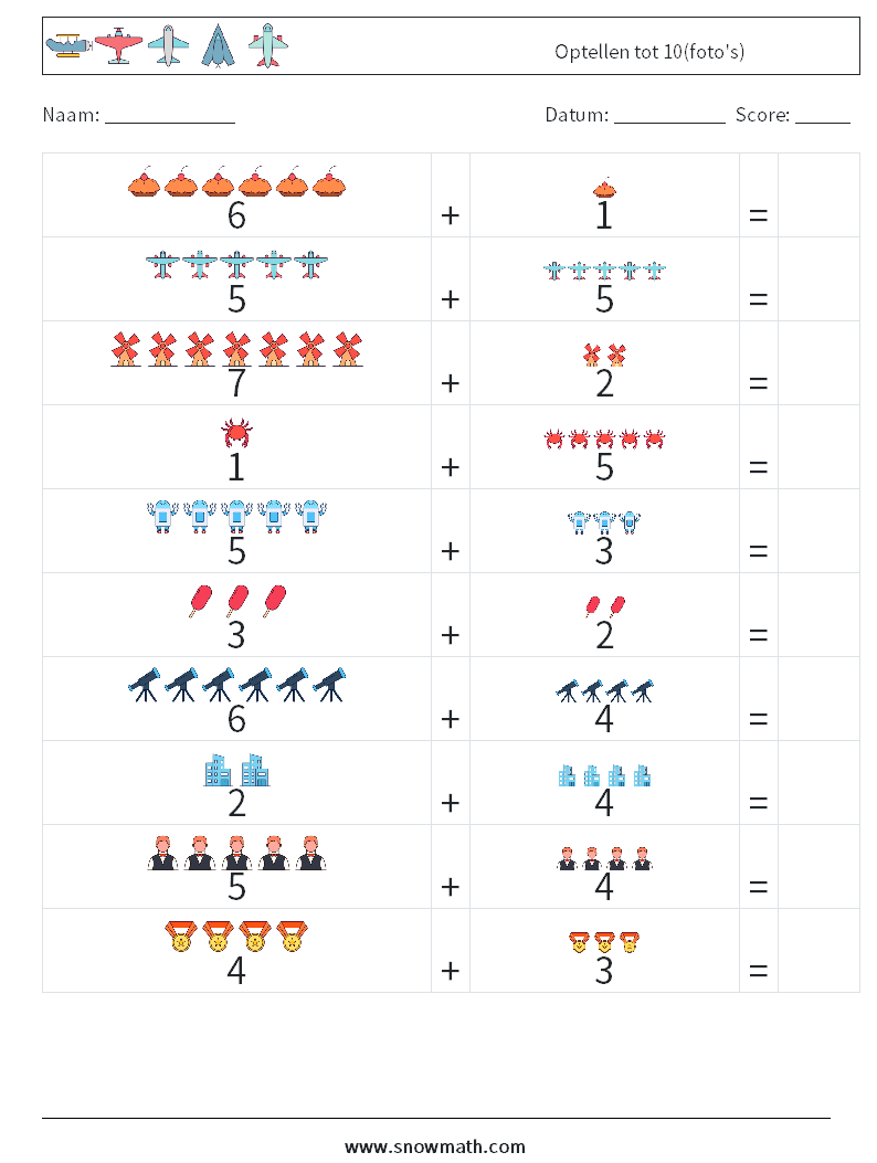 Optellen tot 10(foto's) Wiskundige werkbladen 2