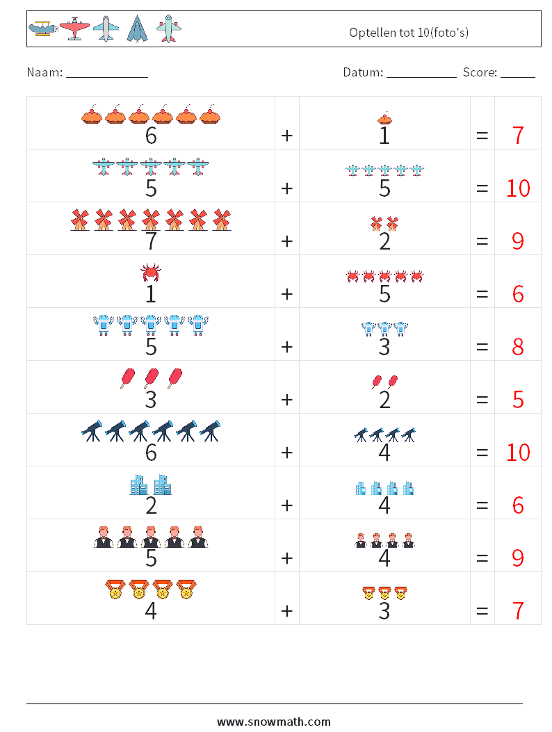 Optellen tot 10(foto's) Wiskundige werkbladen 2 Vraag, Antwoord