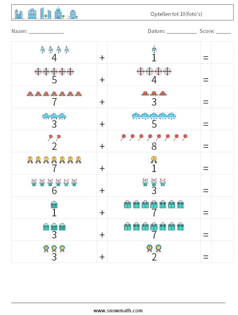 Optellen tot 10(foto's) Wiskundige werkbladen 3