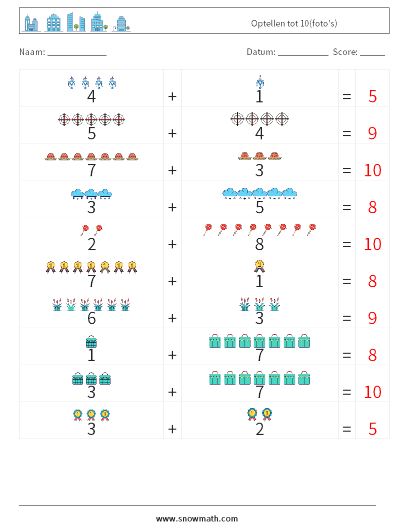 Optellen tot 10(foto's) Wiskundige werkbladen 3 Vraag, Antwoord