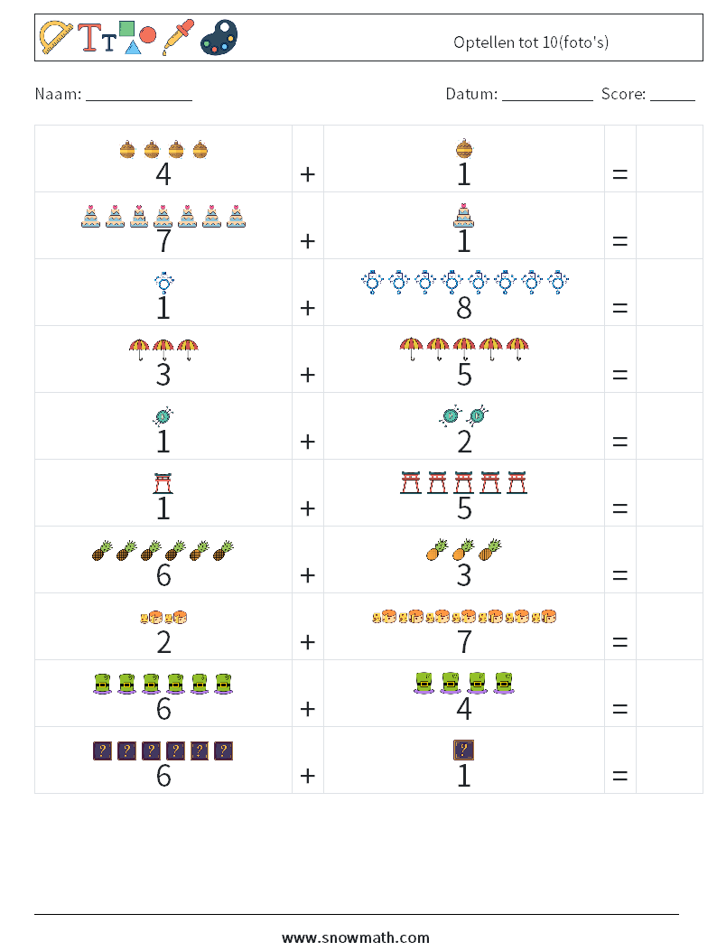 Optellen tot 10(foto's) Wiskundige werkbladen 4