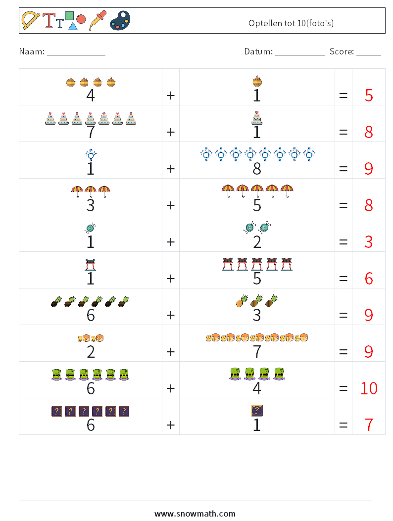 Optellen tot 10(foto's) Wiskundige werkbladen 4 Vraag, Antwoord