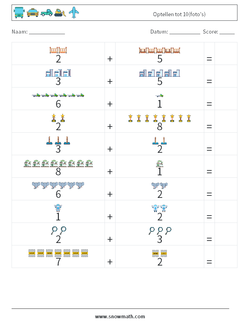 Optellen tot 10(foto's) Wiskundige werkbladen 5