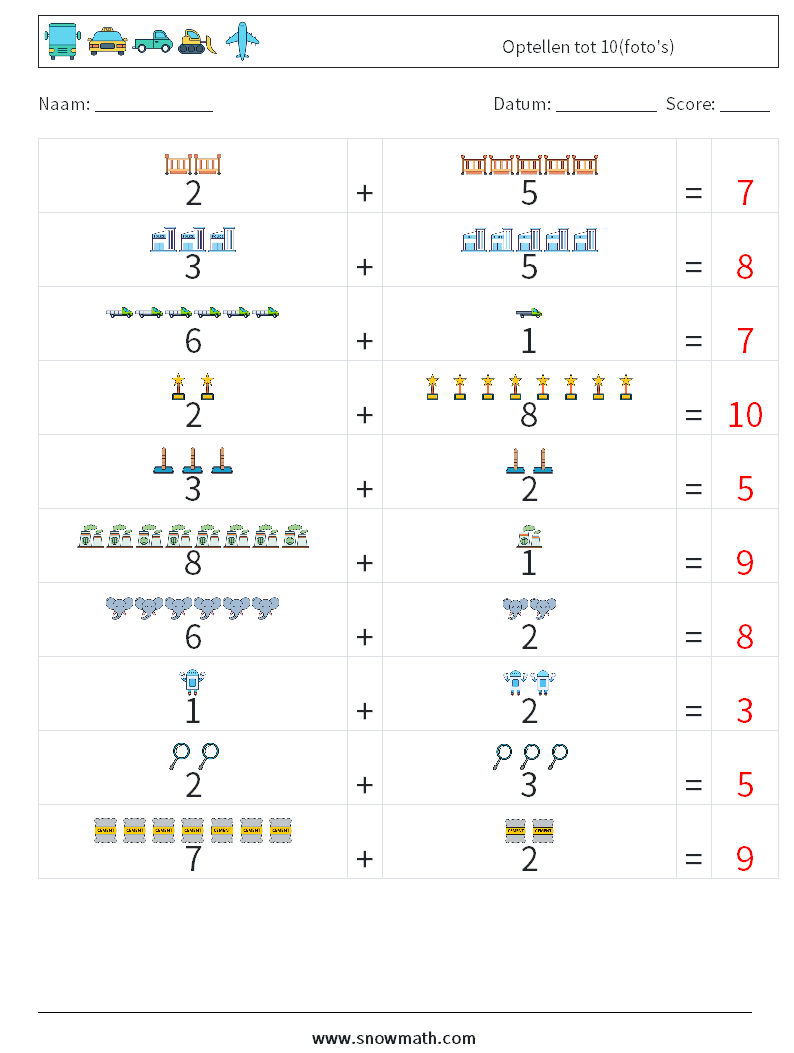 Optellen tot 10(foto's) Wiskundige werkbladen 5 Vraag, Antwoord