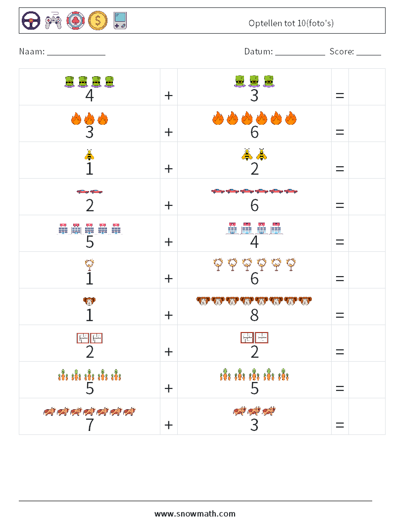 Optellen tot 10(foto's) Wiskundige werkbladen 6