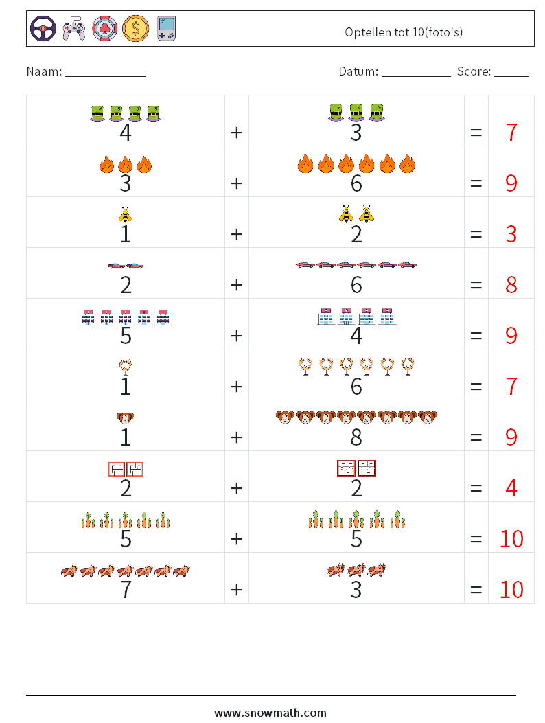 Optellen tot 10(foto's) Wiskundige werkbladen 6 Vraag, Antwoord