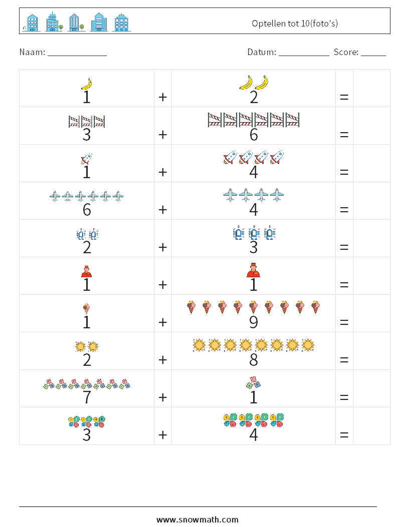 Optellen tot 10(foto's) Wiskundige werkbladen 7