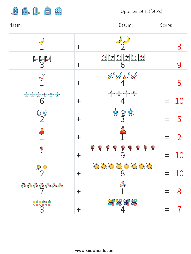 Optellen tot 10(foto's) Wiskundige werkbladen 7 Vraag, Antwoord