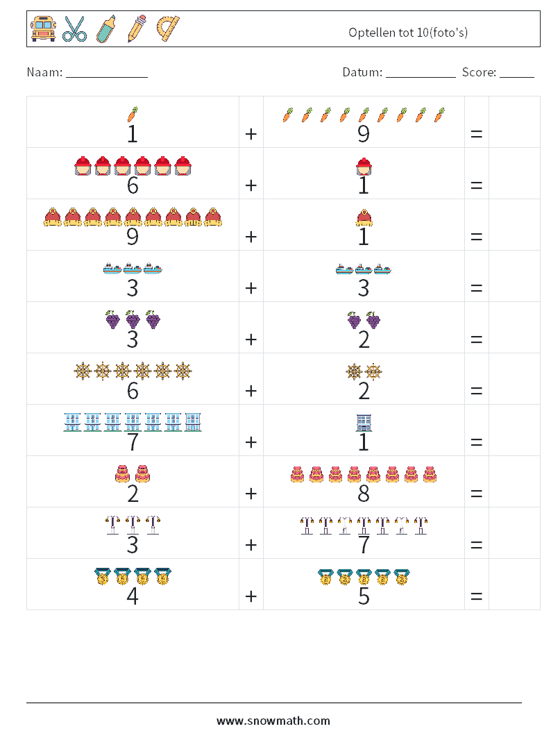 Optellen tot 10(foto's) Wiskundige werkbladen 8