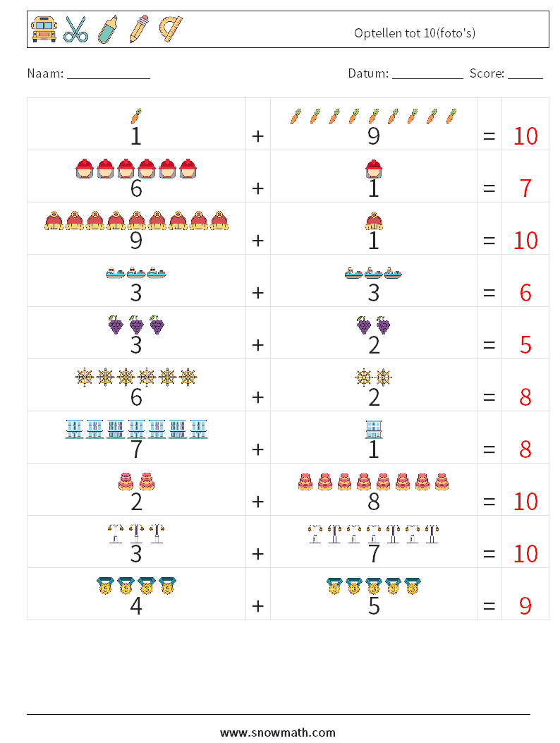 Optellen tot 10(foto's) Wiskundige werkbladen 8 Vraag, Antwoord