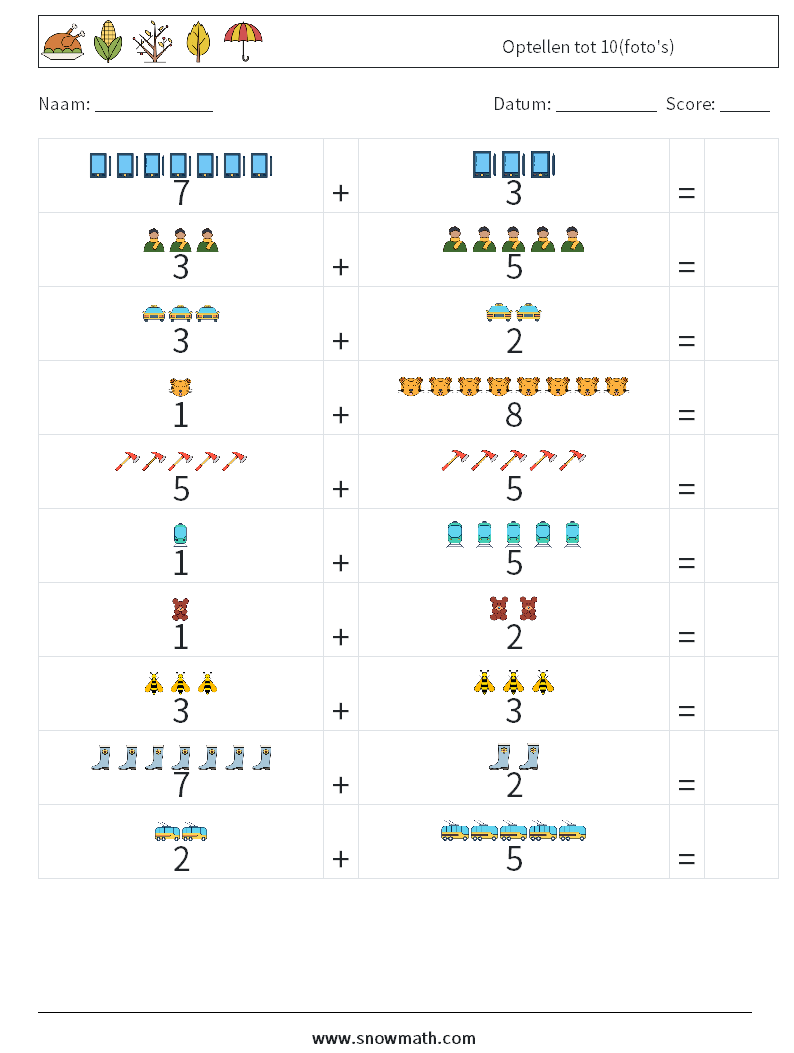 Optellen tot 10(foto's) Wiskundige werkbladen 9