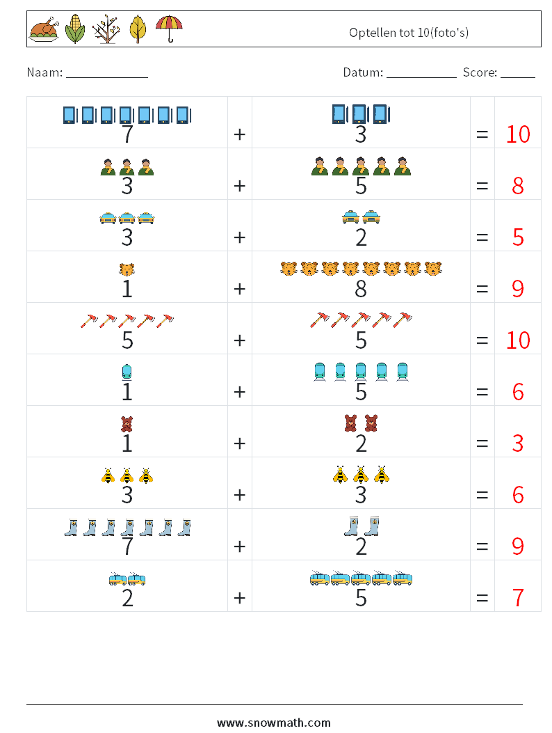 Optellen tot 10(foto's) Wiskundige werkbladen 9 Vraag, Antwoord