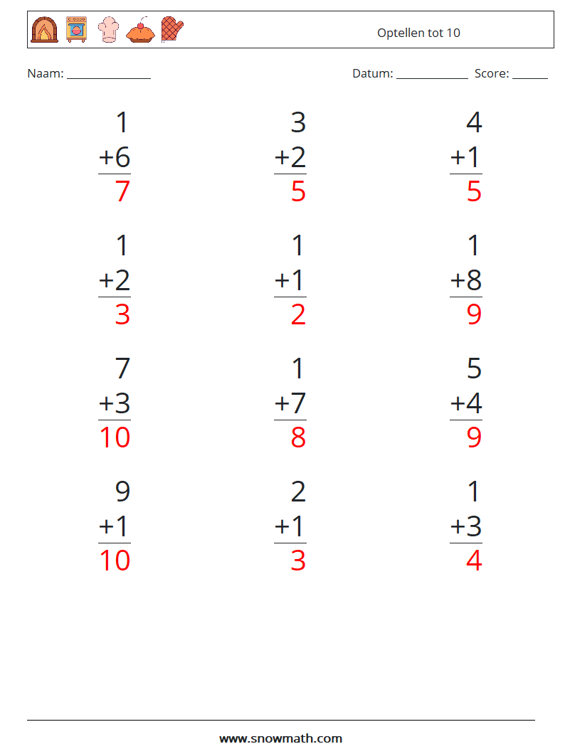 (12) Optellen tot 10 Wiskundige werkbladen 1 Vraag, Antwoord
