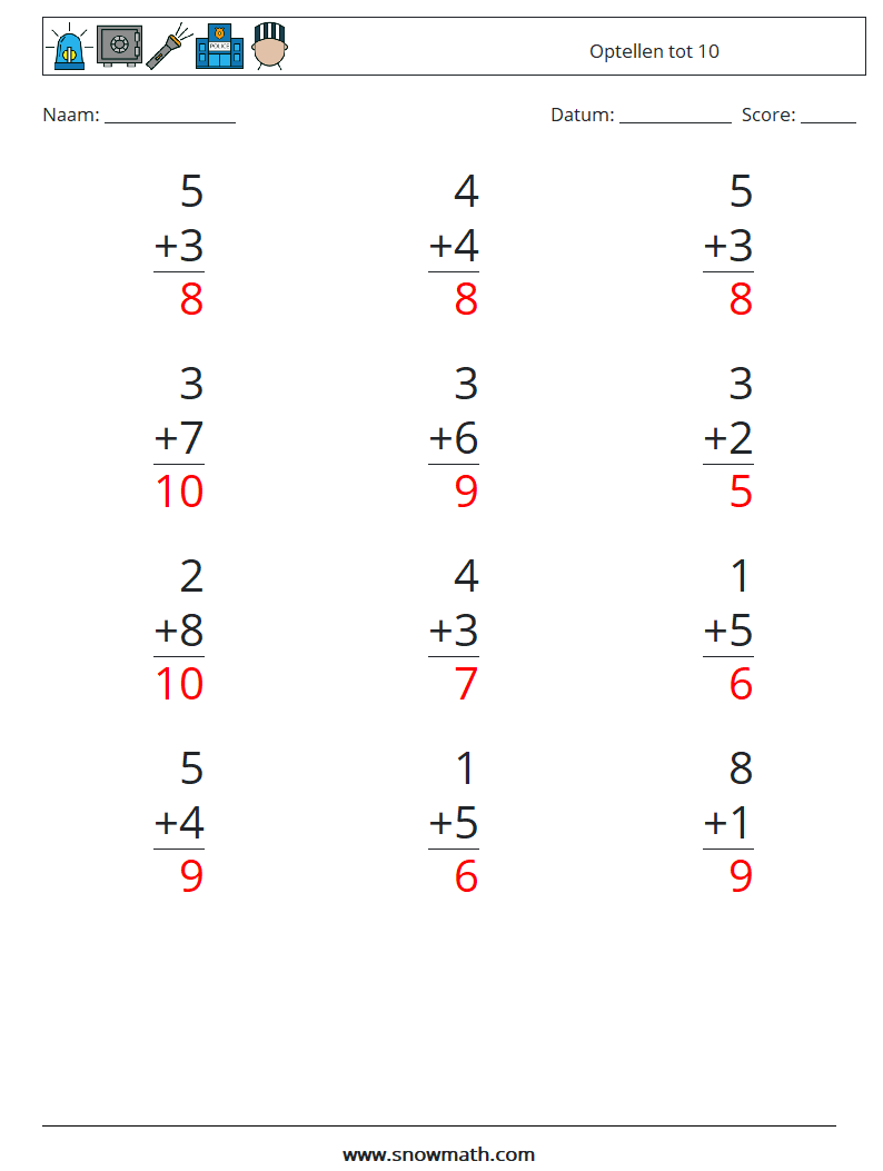 (12) Optellen tot 10 Wiskundige werkbladen 4 Vraag, Antwoord